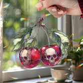 Cherry Skull Acrylic Suncatcher, Stained Glass Style Red Cherries with Gothic Skulls Window Hanging, Dark Alternative Home Décor Gift